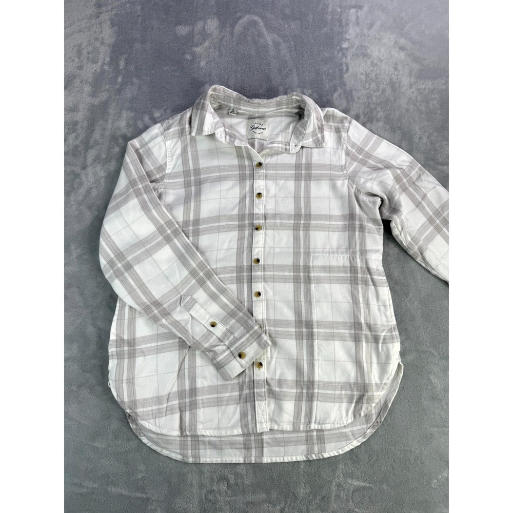 Jachs Girlfriend Flannel Shirt Womens Small White Gray High Low Hem Button Up